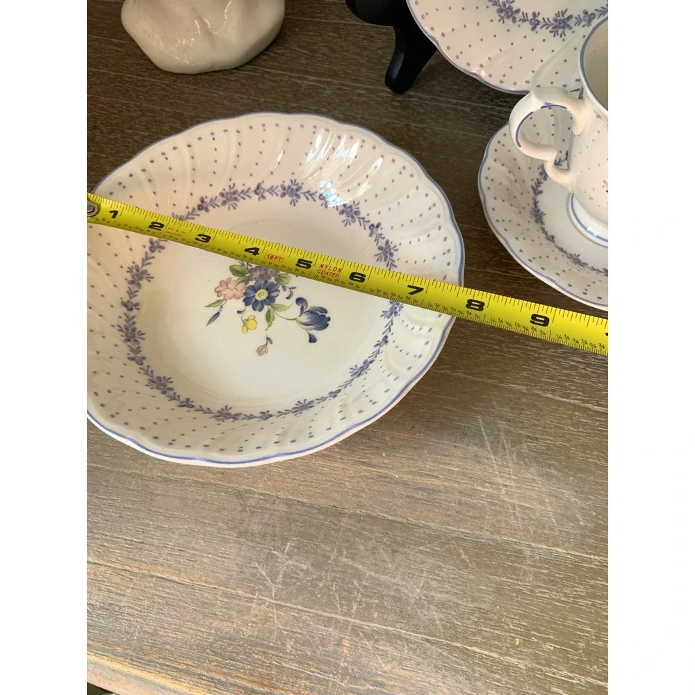 Nikko Blue Floral Polka Dot Porcelain Dinnerware 4pc Cottagecore Scalloped Rim